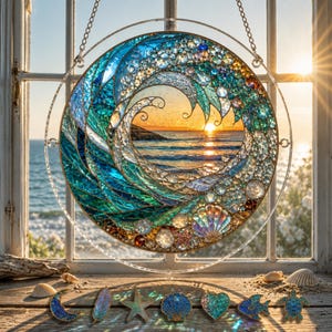 May include: A circular stained glass suncatcher featuring a mosaic wave design in shades of blue, teal, and clear glass. The centre depicts a sunset over the ocean. Below, seven small decorative glass ornaments include a moon, feather, starfish, shell, heart, fish, and turtle.