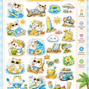 May include: A digital download sticker set featuring cartoon cats enjoying summer activities. The set includes 24 transparent PNG files with cats surfing, sunbathing, and playing on the beach. The stickers are perfect for various uses and are available for instant download.
