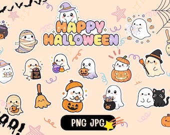 Cute Halloween Ghost Stickers | Kawaii Pumpkin, Witch, Cat & Candy | Printable PNG JPG Clipart Pack for Planners, Scrapbooking, Journals