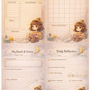 May include: A pastel-colored planner with sections for daily and monthly planning, goal setting, and reflection. The pages feature illustrations of a girl reading, moons, stars, and decorative elements. The planner includes sections for to-do lists, notes, and scheduling.