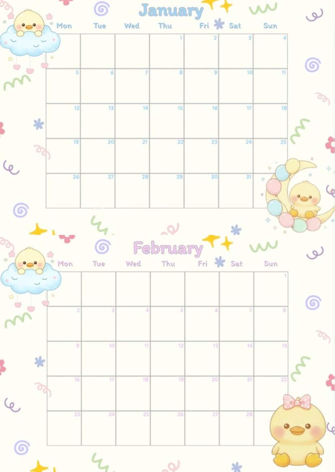 Cute Duck Monthly Calendar 2026 | Pastel Kawaii Calendar Printable |A5 ...