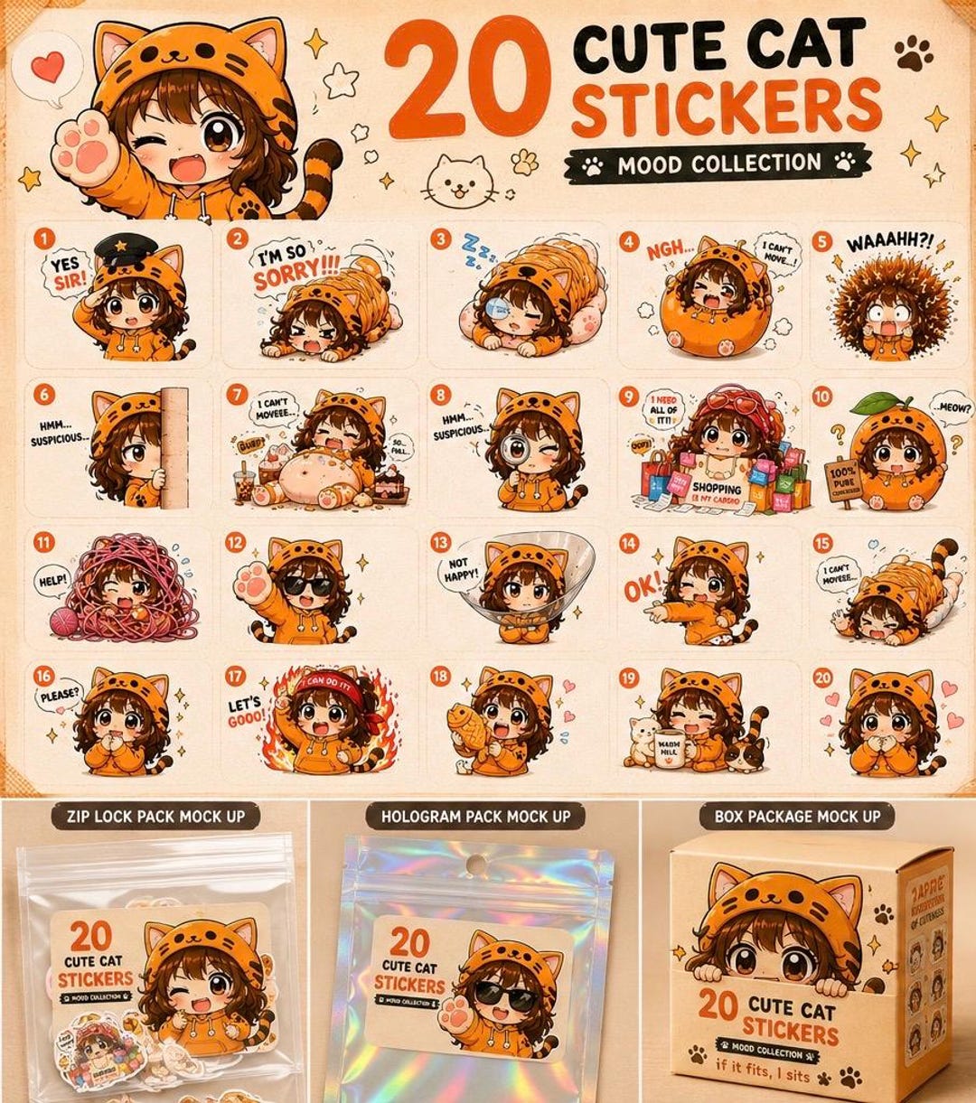 Cute Cat Girl Sticker Pack Bundle | 20 Kawaii Chibi Stickers | Funny ...