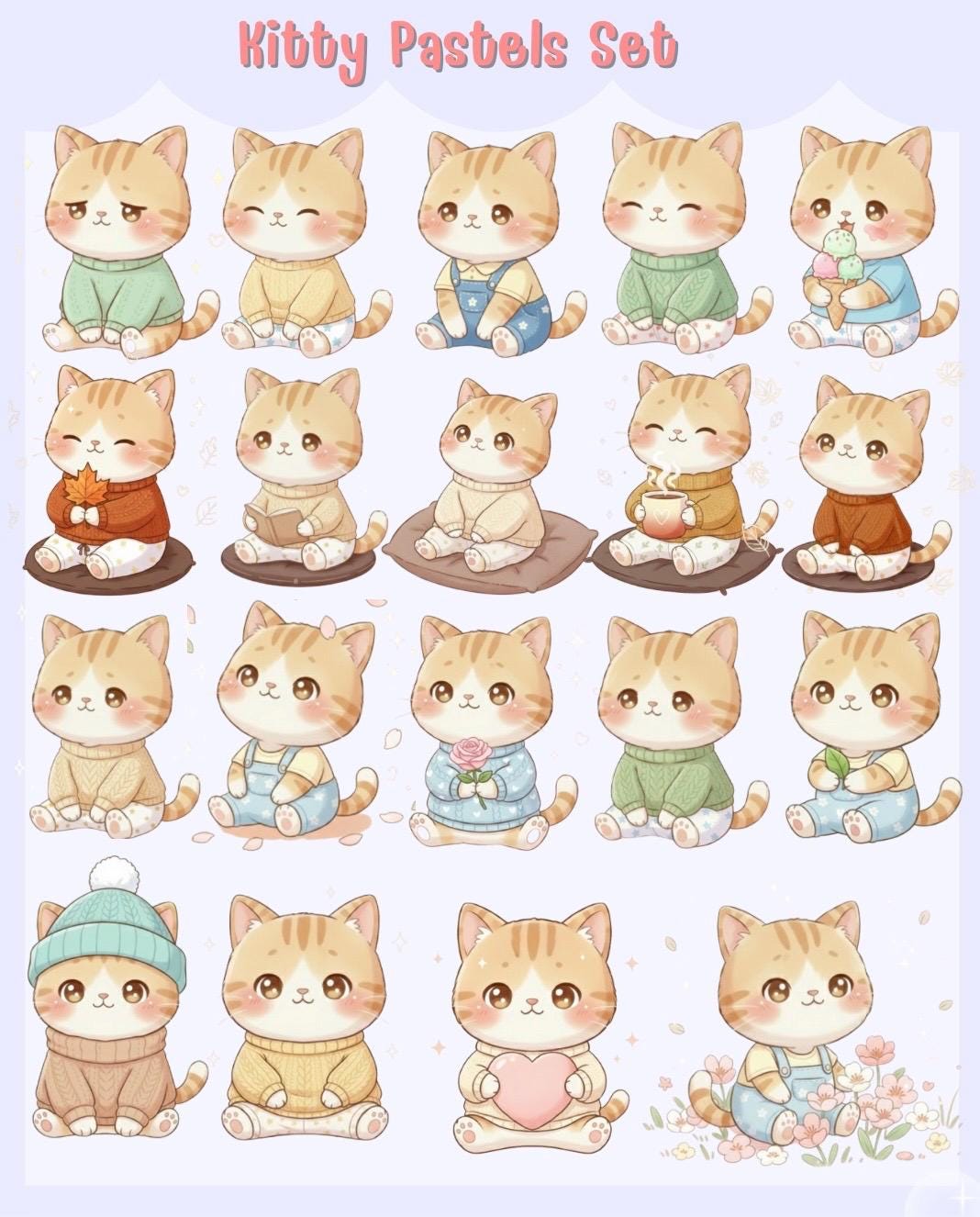 Kitty Pastels PNG Set | Cute Cat Digital Stickers | Soft Pastel Kawaii ...