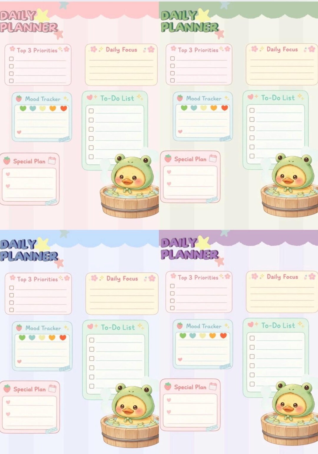 Kawaii Pastel Daily Planner Printable – Cute Duck Theme | 4 Color Set ...