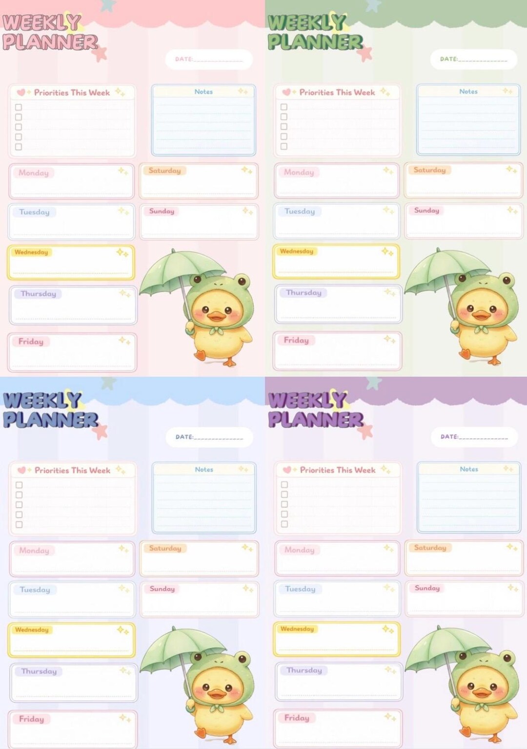 Pastel Duck Weekly Planner | Cute Kawaii Weekly Planner Printable | 4 ...