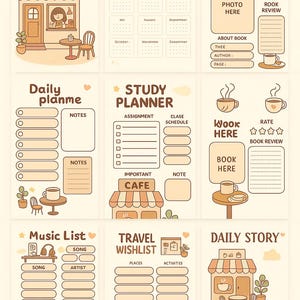 May include: A beige planner with various sections, including "My Planner," "Yearly Planner," and "Book Review." Each section features illustrations of coffee cups and small cafe-style buildings. The planner includes spaces for notes, assignments, and music lists.