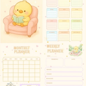 May include: A whimsical planner with a yellow chick reading a book in a pink armchair. The planner includes sections for yearly, monthly, and weekly planning, with a soft pastel color scheme and the text "This year's PLANNER".