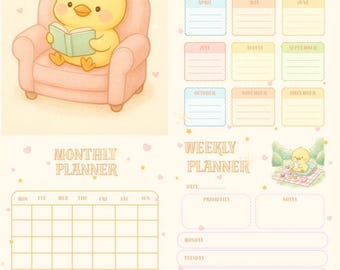 Leuke pastelkleurige eendplanner | 10 pagina's afdrukbare plannerbundel | Dagelijks, wekelijks, maandelijks, gewoonte- en stemmingstracker | Kawaii Productiviteitsdagboek PD