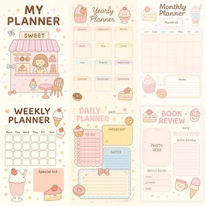 Puede incluir: Una colección de páginas de planificador en colores pastel con un tema de tienda de dulces. Incluye secciones para planificación anual, mensual, semanal y diaria, junto con una página de reseña de libros. Adorables ilustraciones de postres y dulces decoran las páginas.