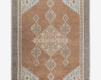 Hand-knotted Terracotta and Grey vintage wool rug