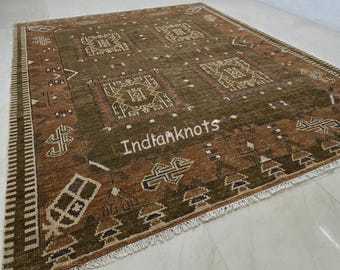 Hand-knotted Olive Green and rustic Brown Vintage Rug