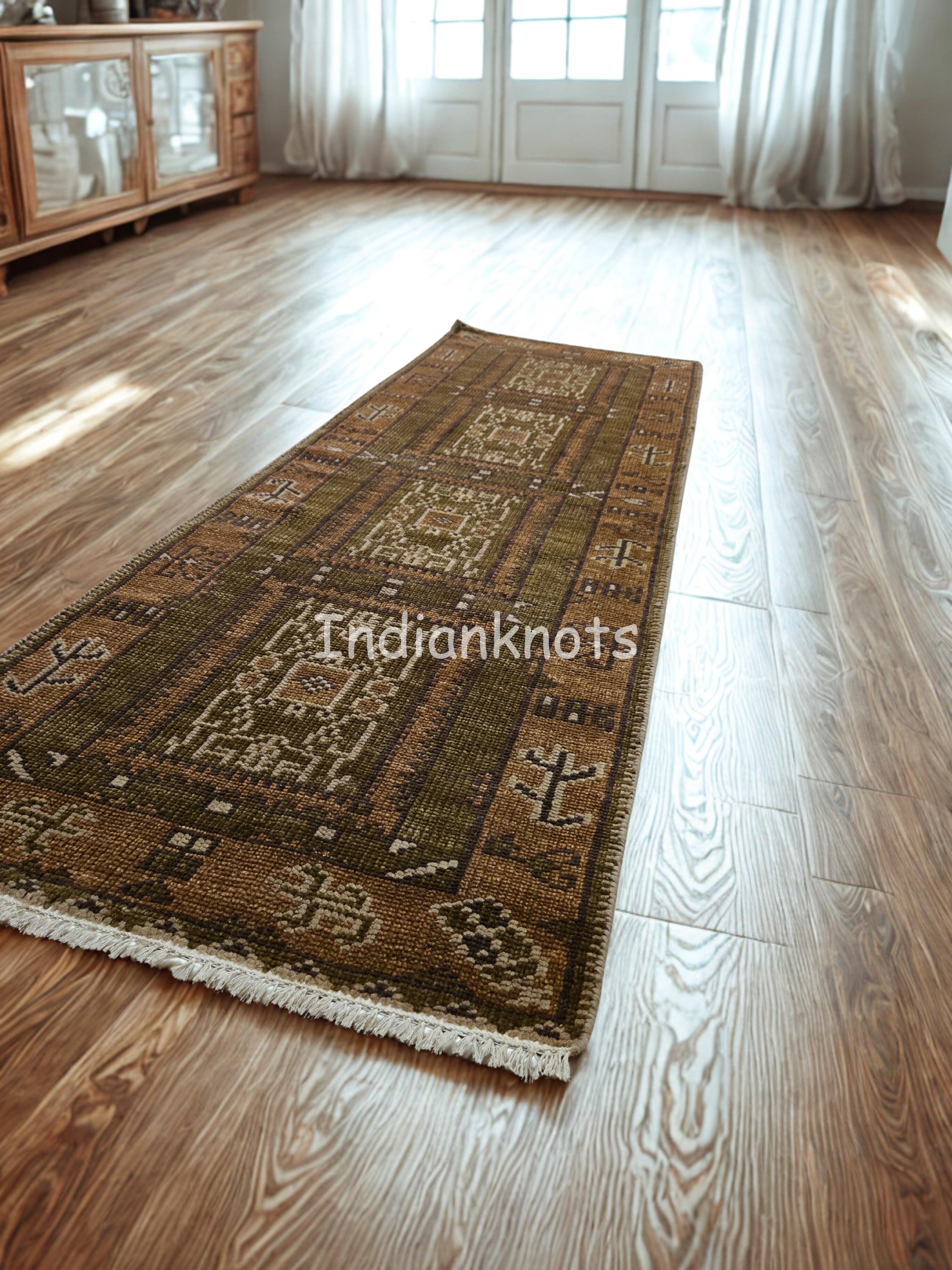 Wool Runner Rug Natural Hand-knotted Dark Green and Rustic Brown Authentic Rug Runner, New ...