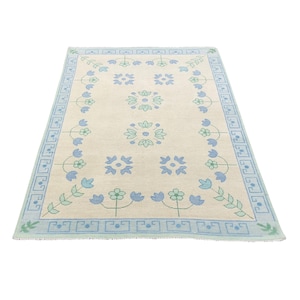 Hand-Knotted Wool Oushak Rug: Modern Floral Design, Ivory & Blue