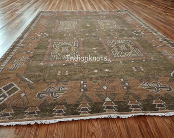 Hand-knotted Olive Green and rustic Brown authentic Vintage Rug