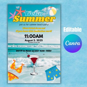 Invitation fête d'été à la plage, modèle d'invitation à une fête modifiable, modèle de fête d'été, téléchargement immédiat, affiche de la fête