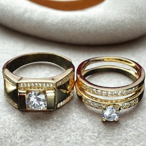 14K Gold Plated His & Hers Trio Ring Set – Matching Engagement Wedding Bands for Couples, Bridal Jewelry, Promise Anniversary Gift