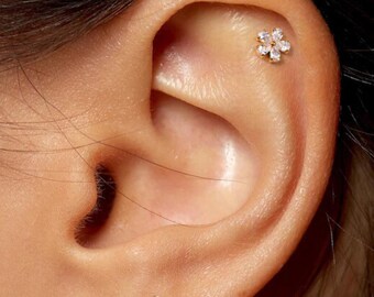 Silver Flower Labret Stud: CZ Flat Back Cartilage Earring