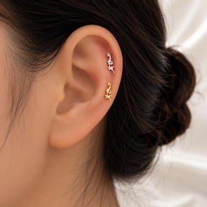 Peut inclure: Deux petits piercings sont visibles sur le cartilage supérieur de l'oreille. La boucle d'oreille supérieure est en métal argenté avec un motif délicat et allongé. La boucle d'oreille inférieure est en métal doré avec un motif similaire.