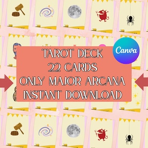 Jeu de tarot digital minimaliste et kawaii sur Canva pour débutant en téléchargement instantané, 22 cartes uniques d'arcane majeur