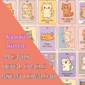 Könnte beinhalten: Ein digitales Orakelkarten-Set mit 44 Karten, jede mit einer Kawaii-Kätzchen-Illustration. Die Karten zeigen verschiedene Katzendesigns und -botschaften. Der Text "Kawaii kitten" und "Digital Oracle Instant Download" sind ebenfalls sichtbar.