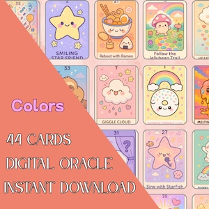 jeu d’oracle digital couleur, imprimable, kawaii et coloré, 44 cartes avec guide, deck pour débutants et confirmés