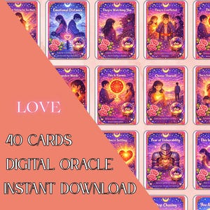 Oracle amour âme sœur digital, cartes guidance relation et romantique, oracle ésotérique à imprimer 40 cartes