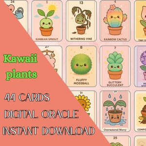 Oracle plantes kawaii, cartes numériques à imprimer vert et beige avec guide, peuvent être utilisées en autocollants stickers