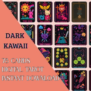 78 beautiful digital tarot deck cards design anime dark kawaii, black and pink tarot files PDF and png with meanings