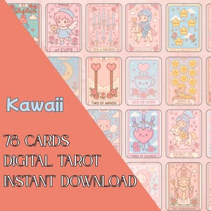 Beautiful anime kawaii tarot deck printable, 78 digital files made with AI, blessed pink and pastel tarot deck