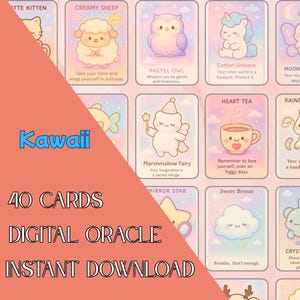 jeu d'oracle kawaii 40 cartes fichiers numériques, jeu d'oracle avec interprétation, kawaii et pastel