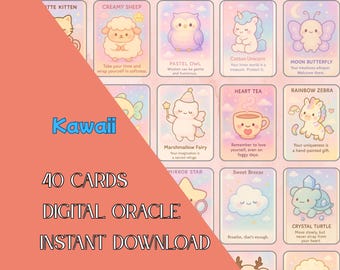 Kawaii oracle deck 40 digital card files, oracle deck with interpretations, kawaii and pastel