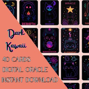 Dark Kawaii Oracle Deck, 40-card PDF, black and flashy divinatory oracle game with interpretation guide, digital oracle