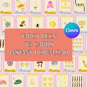 Jeu de tarot digital imprimable avec guide, Tarot minimaliste et kawaii sur Canva pour débutant en téléchargement instantané, mini deck