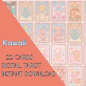 Beautiful anime kawaii tarot deck printable, 78 digital files made with AI, blessed pink and pastel tarot deck