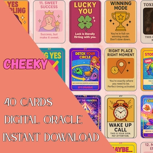 Puede incluir: Un conjunto de 40 cartas de oráculo digitales con ilustraciones y texto coloridos. Las cartas presentan varios temas, incluyendo "Sweet Success", "Lucky You" y "Winning Mode". Las palabras "Cheeky" e "Instant Download" también son visibles.