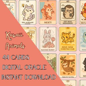 kawaii animals digital oracle deck printable, 44 unique cards with cute pet, interpretation guide