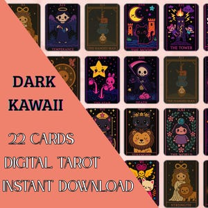 jeu de tarot anime sombre et kawaii, tarot noirs et roses les 22 arcanes majeurs en PDF et PNG avec guide, idéal pour les witchy débutants