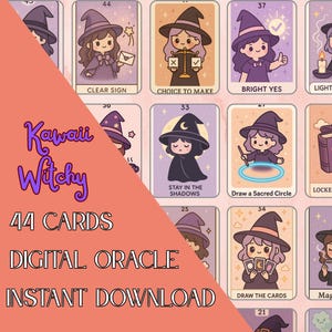 jeu d’oracle sorcière imprimable rose et violet, kawaii sorcière 44 cartes féminines uniques, peut être utilisé comme stickers