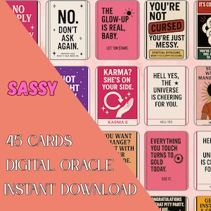 sassy digital oracle deck printable, for witchy beginner and confirmed, 45 unique and feminine cards pink and purple