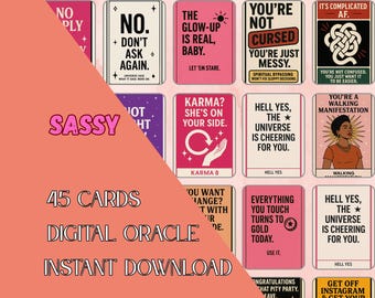 jeu d’oracle numérique cash imprimable, pour sorcière débutante et confirmée, 45 cartes uniques et féminines rose et violet