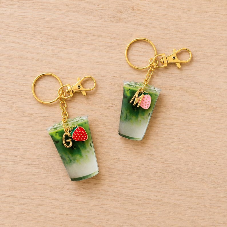 Strawberry matcha keychain with initial