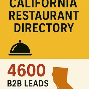 Pode incluir: Gráfico promocional para o California Restaurant Directory. A imagem apresenta o texto "CALIFORNIA RESTAURANT DIRECTORY" em negrito preto sobre um fundo amarelo. Abaixo, lista "4600 B2B LEADS" com números de telefone e endereços.