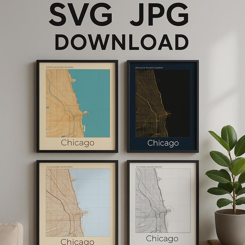 Chicago Map SVG, JPG Pack | Wall Art Download | 4 Styles - Etsy