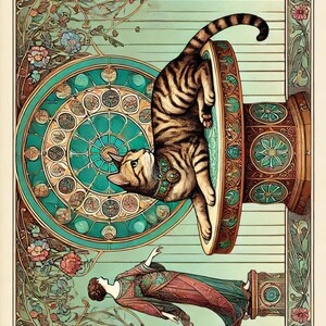 Art Nouveau Tabby Cat Wall Art – Vintage Style Digital Download Poster – A4 Printable Home Decor