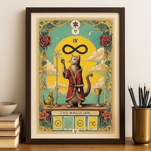 Mystical Cat Tarot Print – The Magician – Vintage Occult Art Nouveau Wall Decor – Digital Download A4 Printable Poster