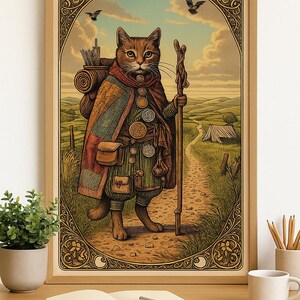 Wandering Tabby Cat Tarot Print – Art Nouveau Digital Poster – Mystical Travel Cat Artwork – A4 Downloadable Wall Decor