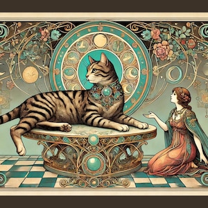 Celestial Tabby Cat Art Print – Art Nouveau Style Digital Download | A4 Wall Decor Featuring Regal Cat & Goddess Figure