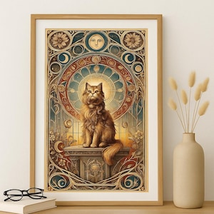 Celestial Long-Haired Cat | Mystical Art Nouveau Digital Print | Tarot-Inspired Cat Wall Art | A4 Printable Cat Poster