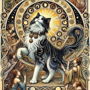 Celestial Reverence – Mystical Black & White Cat in Art Nouveau Style | Printable Wall Art | Tarot-Inspired A4 Digital Download