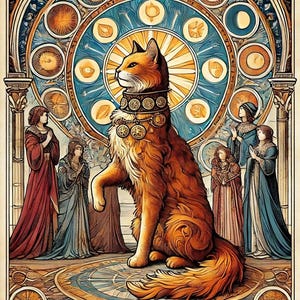 Solar Ascendancy – Golden Cat in Art Nouveau Zodiac Temple | Mystical Tarot-Inspired A4 Wall Art | Digital Download Print